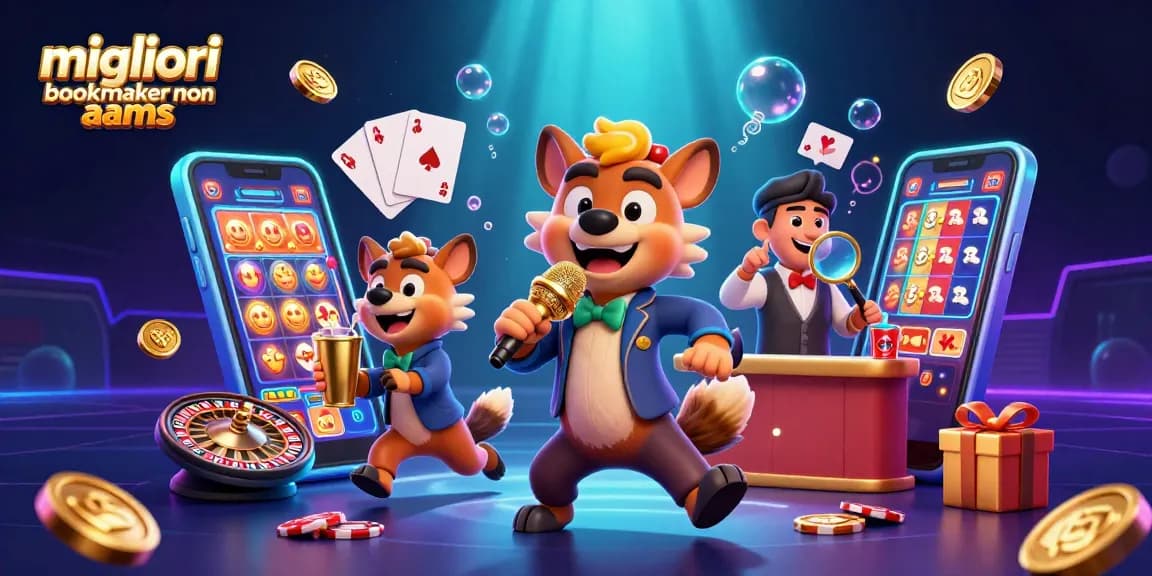 Scopri i migliori bookmaker non AAMS in un'illustrazione 3D di un casinò comico vivace.