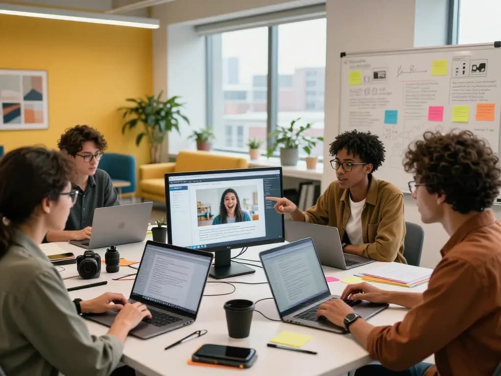 Diverse team using an image to prompt generator in a vibrant modern office setting, illustrating collaboration and creativity.