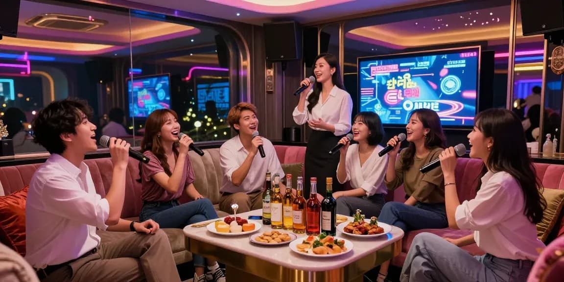 Experience lively 강남가라오케 with friends in a luxurious private room filled with ambient lighting and premium drinks.