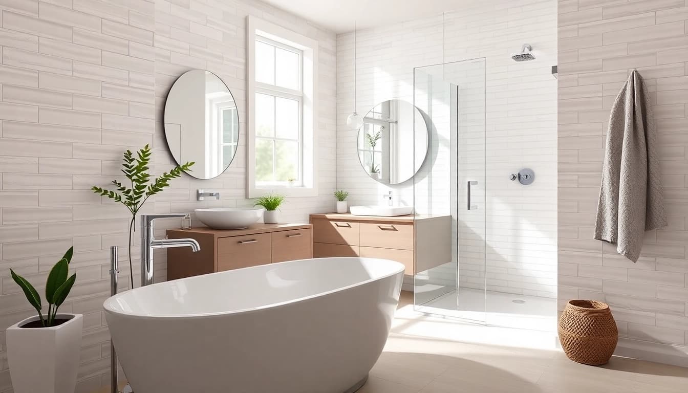Stylish small bathroom remodel featuring a modern freestanding tub and elegant fixtures.