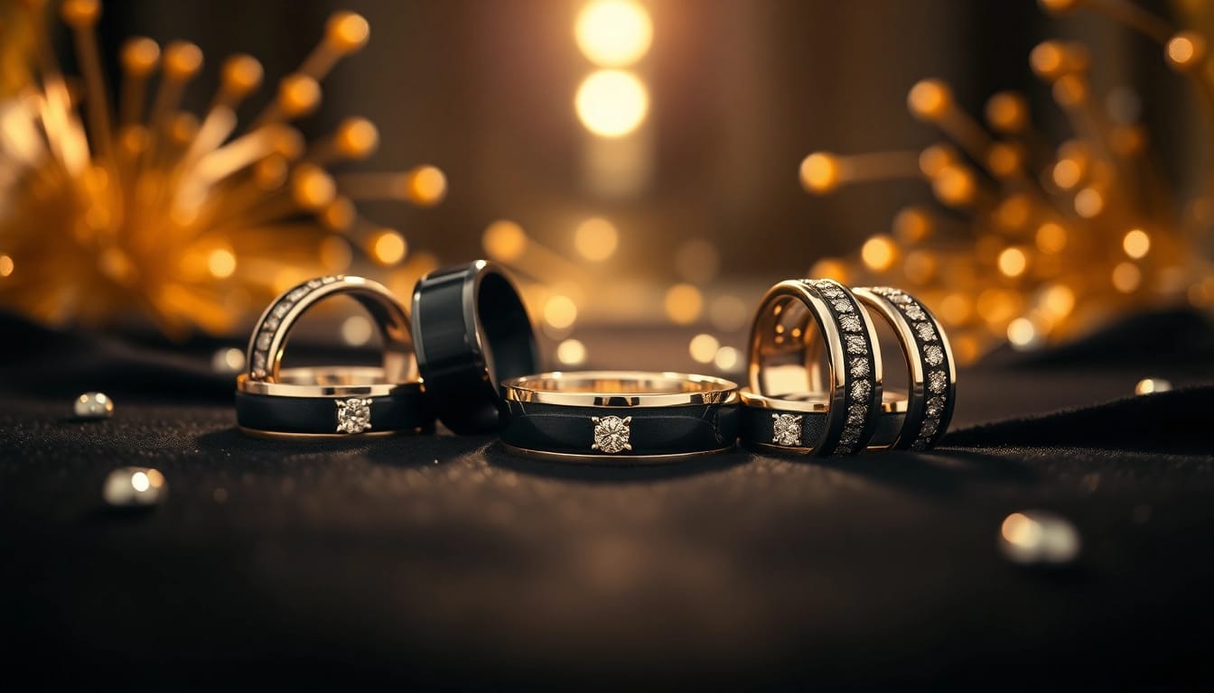 Featuring exquisite Tungsten rings displayed luxuriously on a velvet surface with diamond accents.