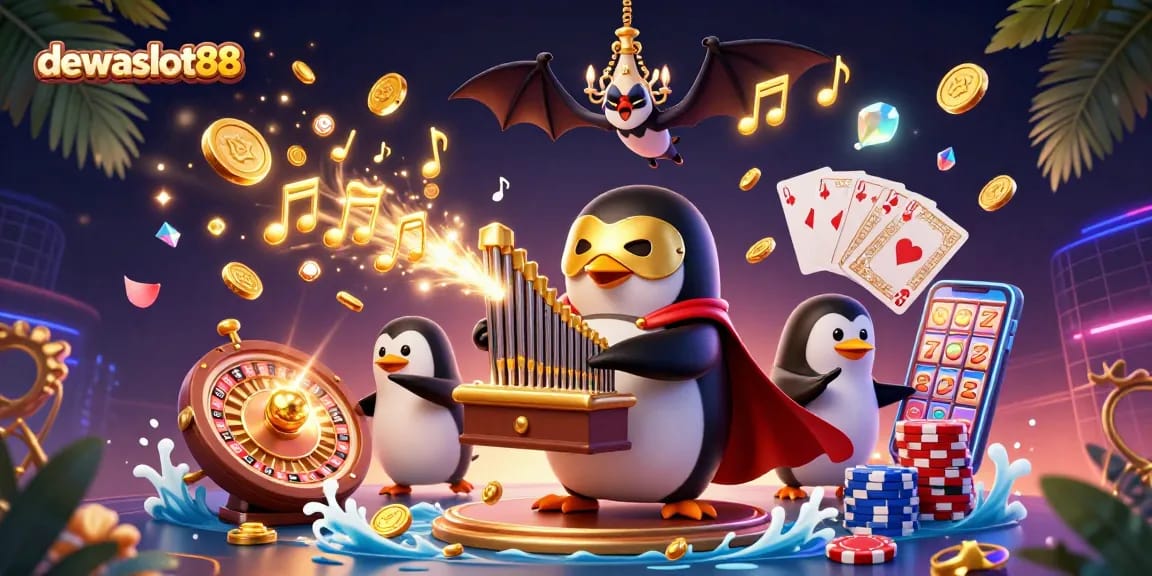Permainan slot di dewaslot88 dengan penguin beraksi dan koin emas meluncur.