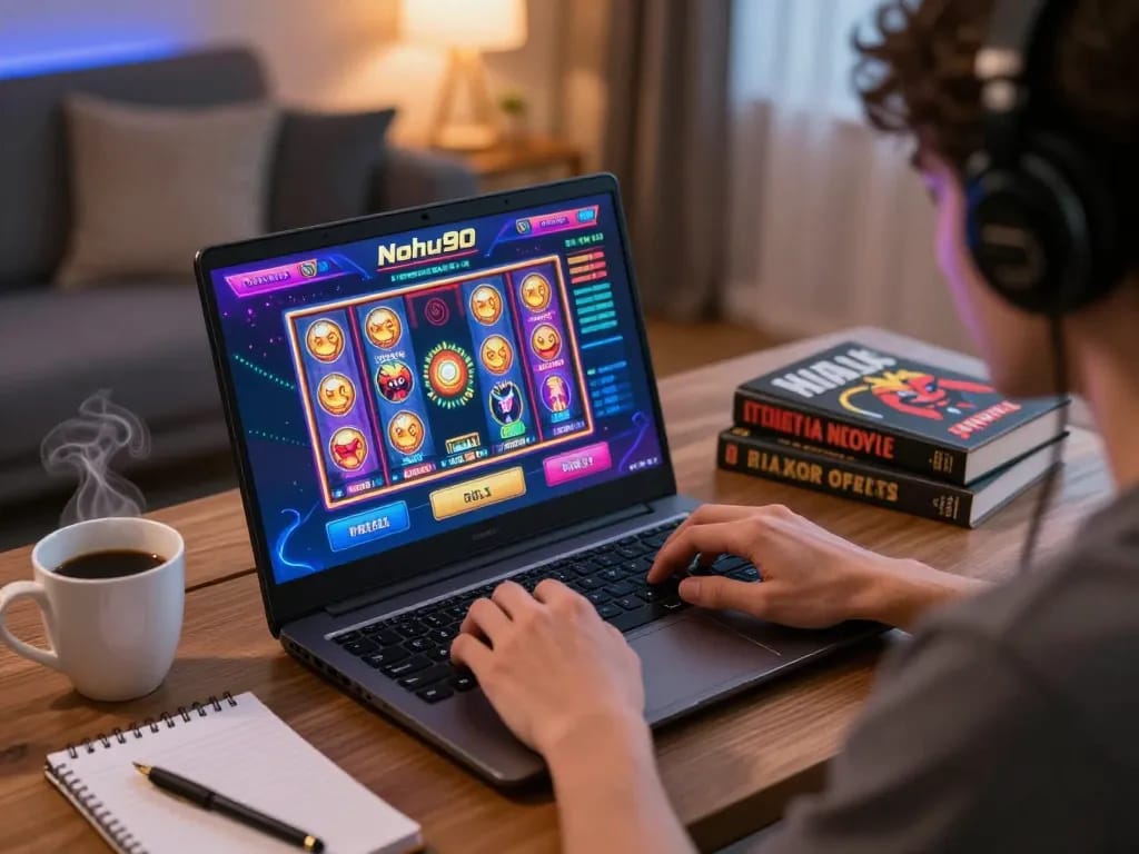 Nohu90 player engaging with online casino slots in a cozy home environment