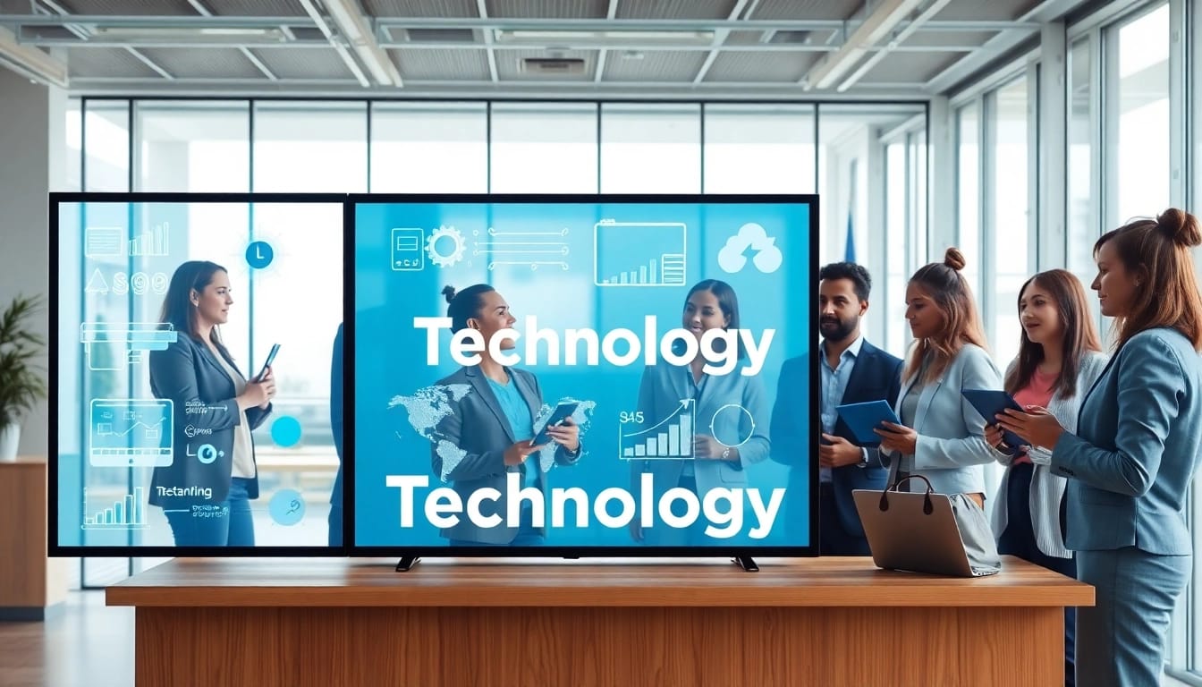 Engaging professionals collaborate on Technology trends in a modern office setting.