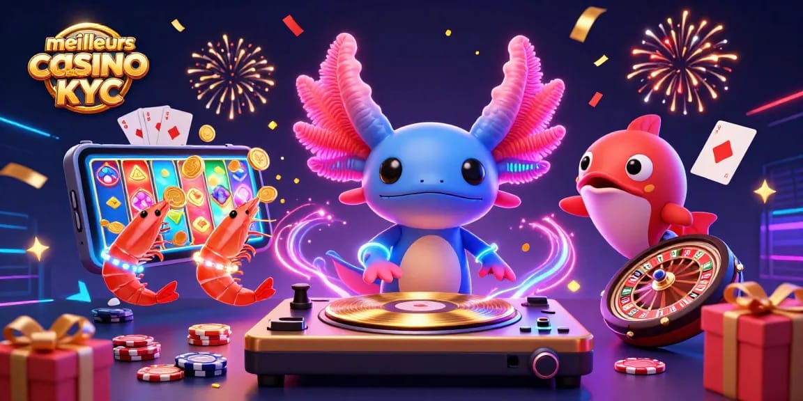 Visualisez les meilleurs casino sans KYC avec des personnages animés et des éléments de jeu dynamique.
