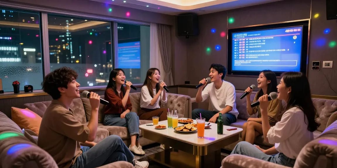 Friends enjoying an entertaining night at 강남 유앤미 가라오케 in a stylish private room.