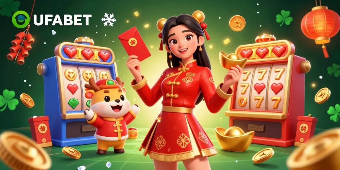 Experience thrilling slot adventures with UFABET's vibrant illustration featuring festive elements.