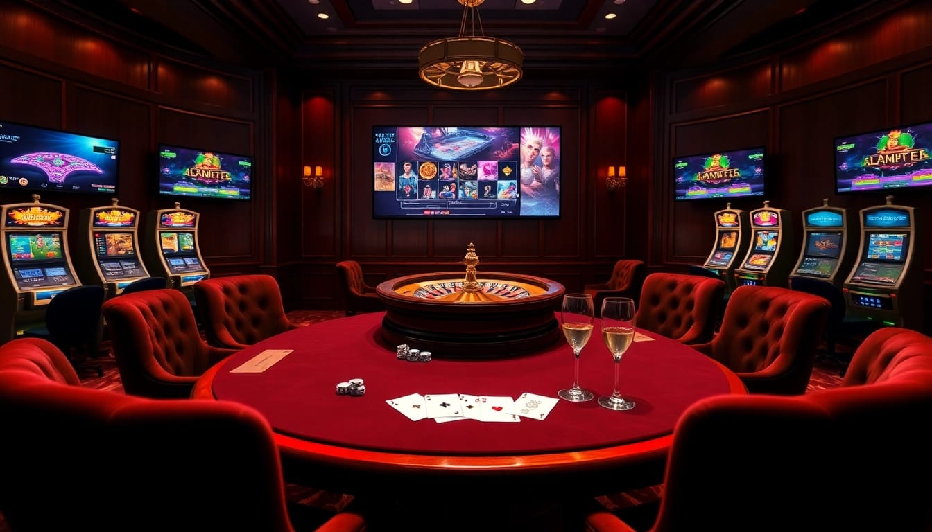 Une expérience de casino en ligne palpitante mettant en avant une table de poker et une roulette, soulignant casino en ligne france fiable.