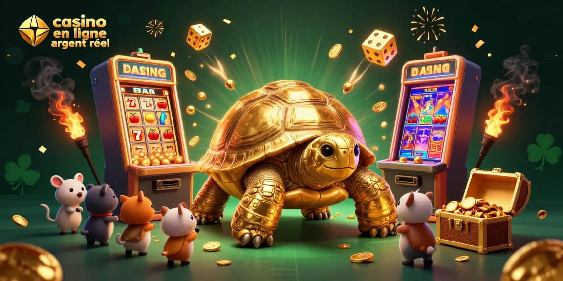 Gagnez avec un casino en ligne argent réel et des jackpots explosifs, sous fond de tortue dorée.