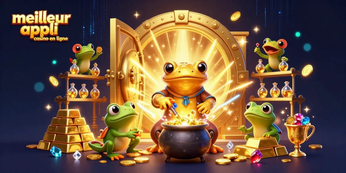 Illustration d'une scène magique représentant la meilleure appli casino en ligne avec alchimiste, grenouille et nouveaux assistants.