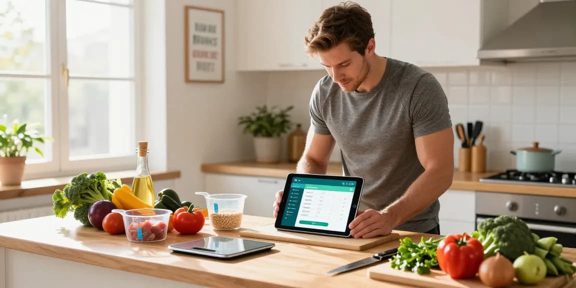Using the best macro tracker app in a bright kitchen for healthy meal prep.