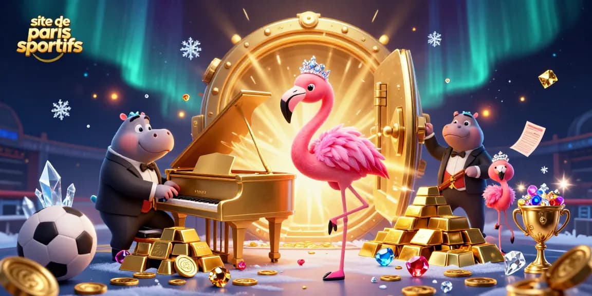 Plongez dans l'univers du site de paris sportifs avec une scène animée de jeux, trophées et ambiance lumineuse.