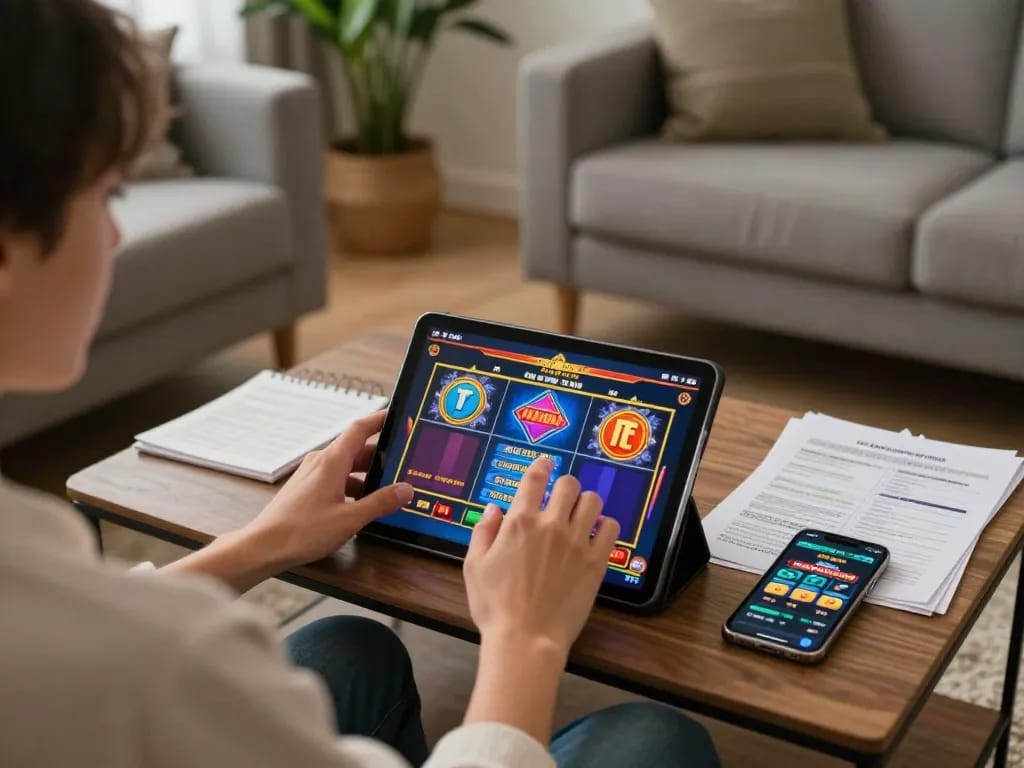Engage with hargatoto daftar for thrilling slot game gaming experience on a tablet in a cozy setting.