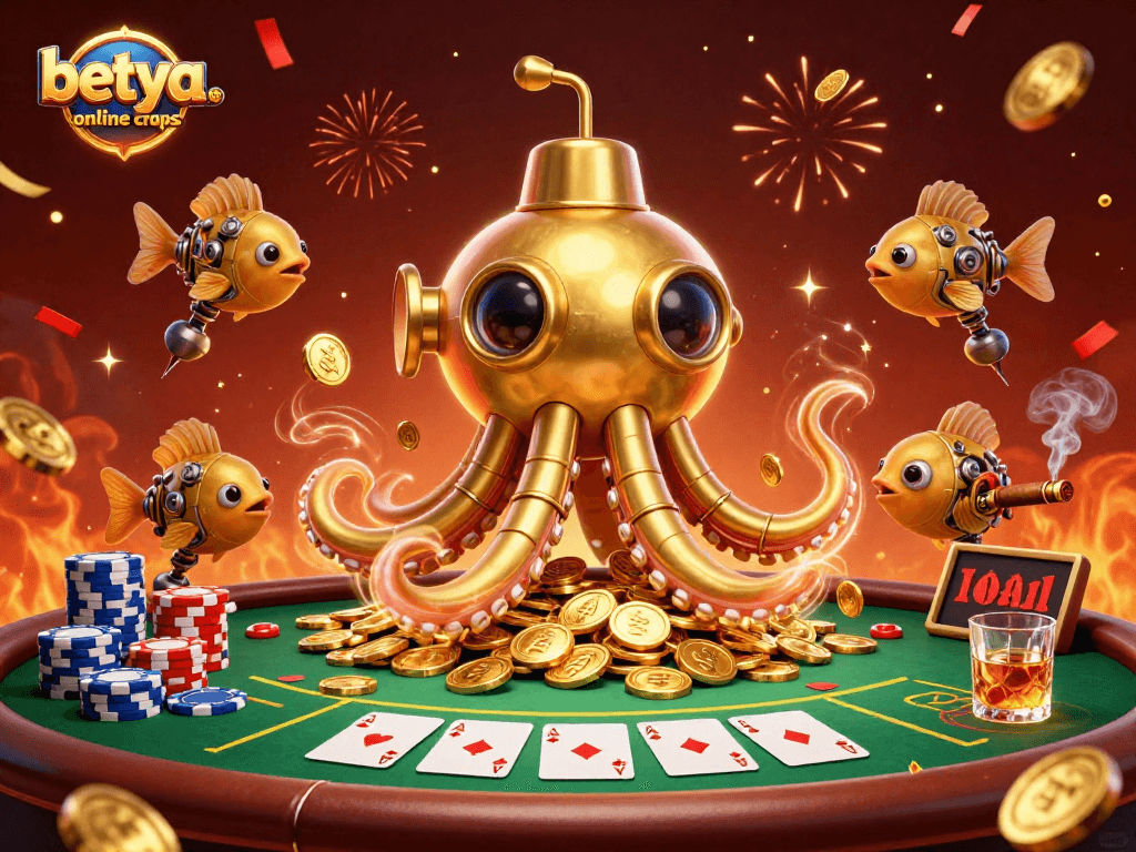 Experience betya.com online craps with a vibrant 3D underwater scene depicting a golden kraken and poker excitement.