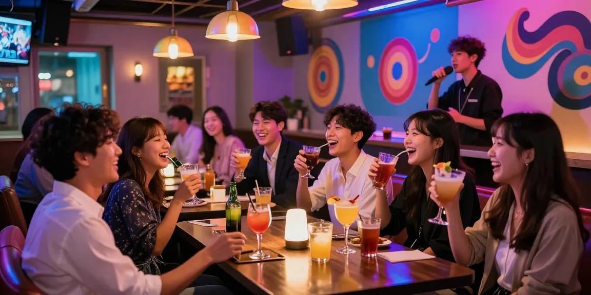 Jeju Island nightlife with friends enjoying 제주도유흥 experiences in a lively karaoke bar