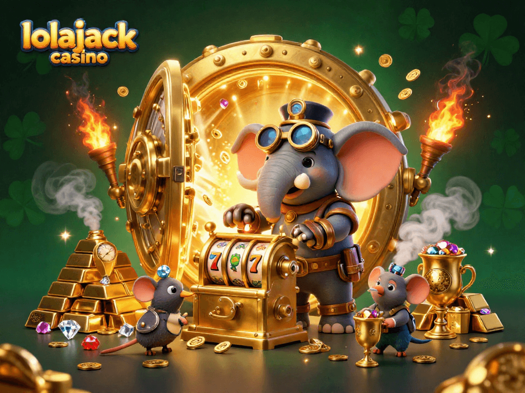 Experience thrilling wins at lolajack casino with a vibrant 3D scene featuring steampunk characters and slot machines.