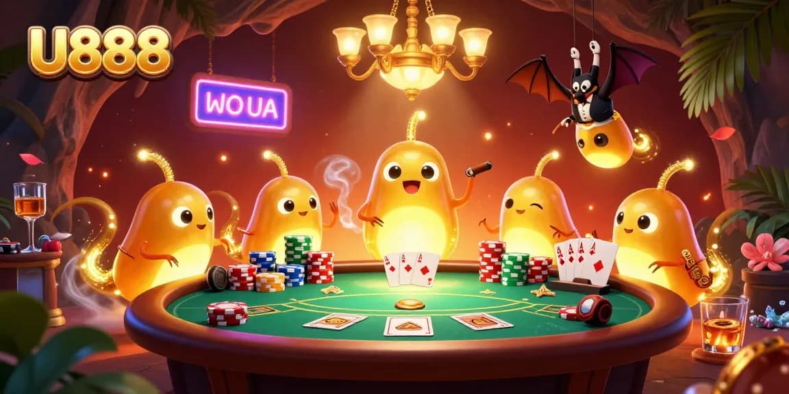 U888 shines as glowworms illuminate a vibrant cave casino with poker elements.