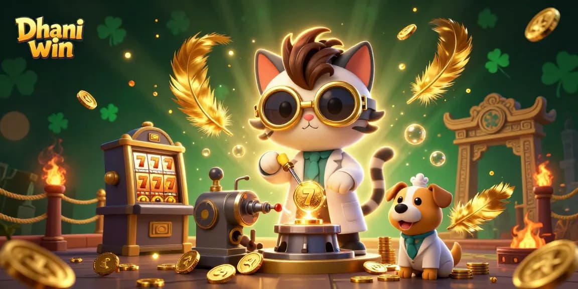 Dive into the Dhani win gaming experience with this vibrant casino-themed illustration featuring golden slot machines and festive elements.