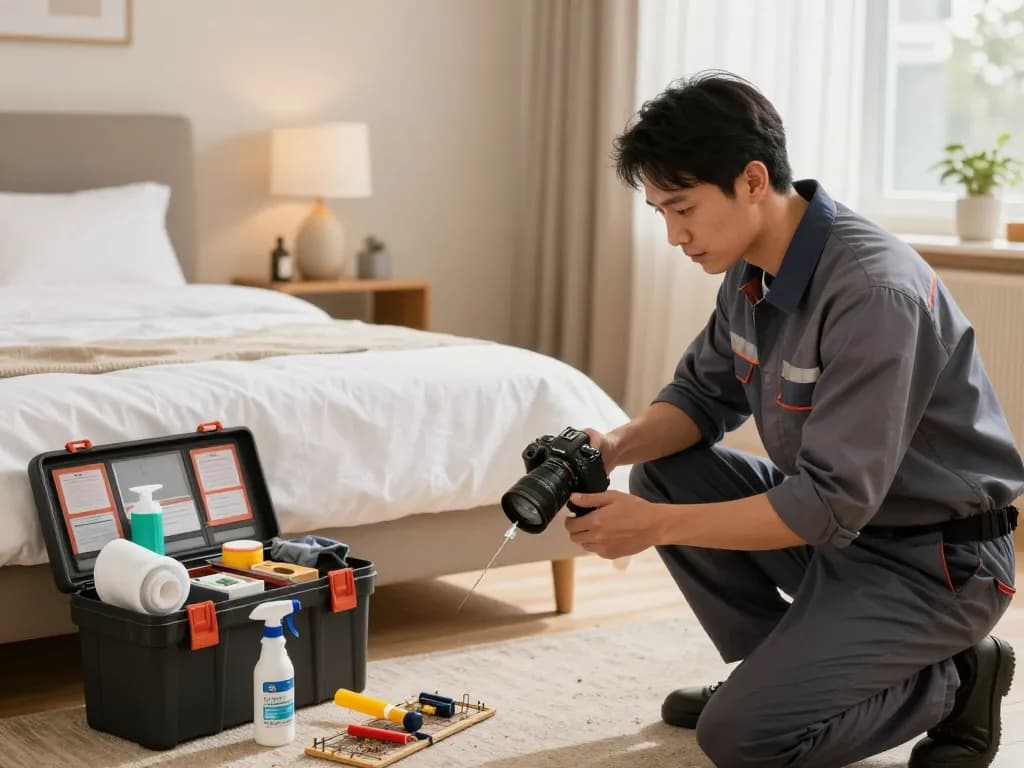 Pest control technician inspecting bed for bed bugs, showcasing effective pest control techniques in a safe bedroom environment