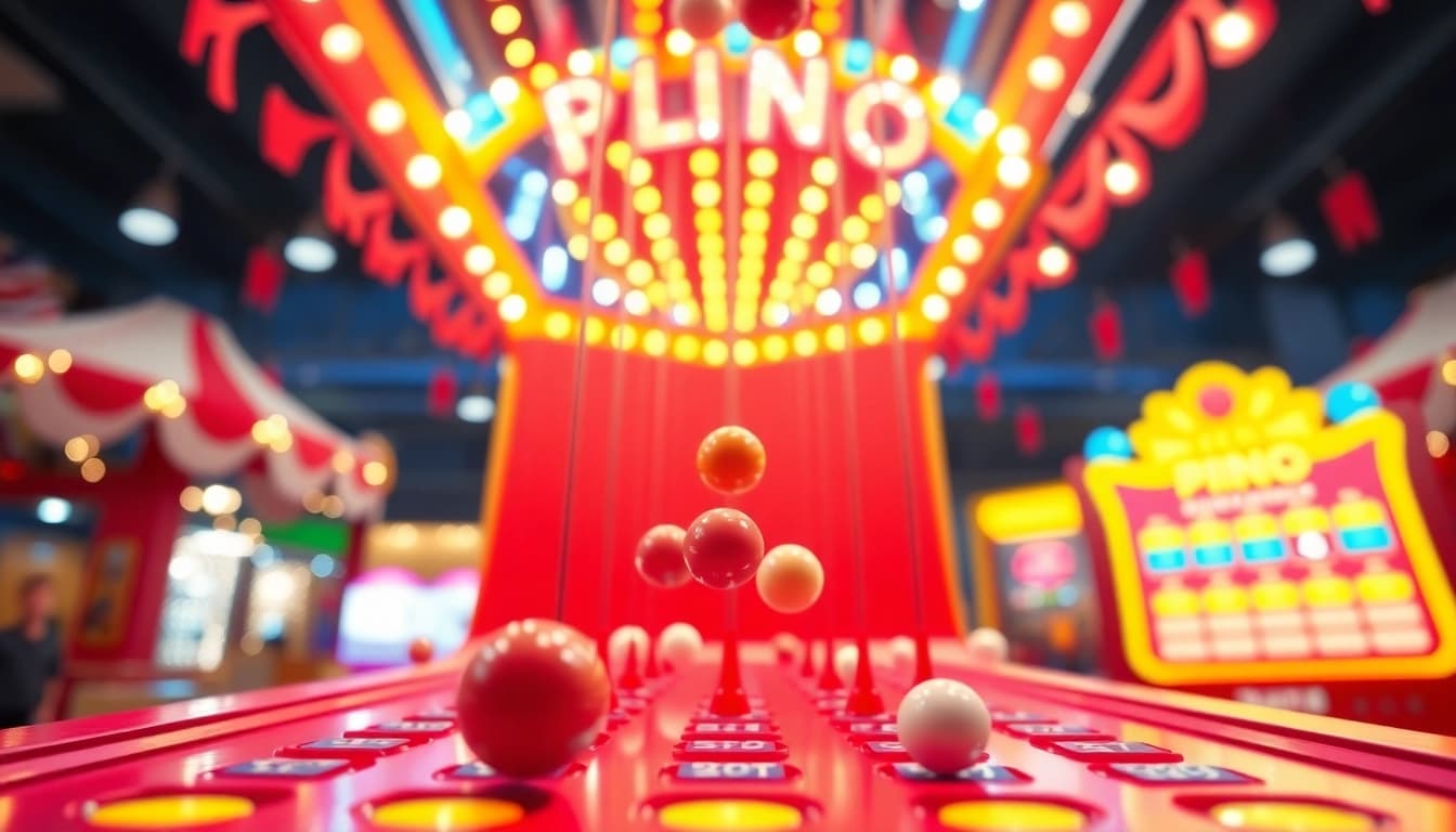Mainkan demo plinko dengan bola jatuh melalui pin berwarna-warni dalam suasana ceria.
