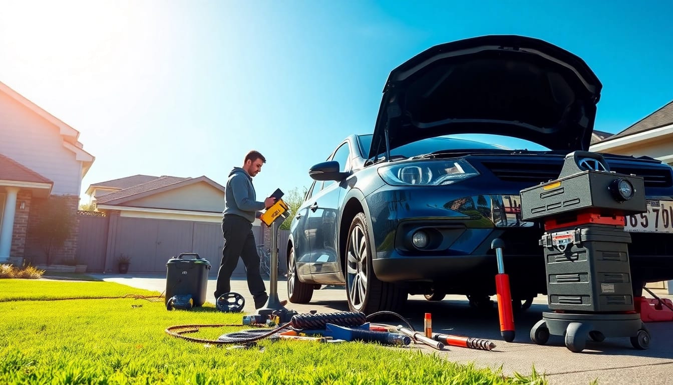 Technician performing mobile car repair in a driveway on a sunny day.