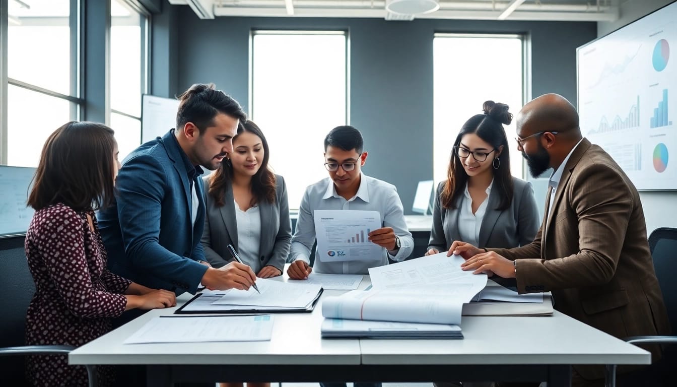 Engaging scene of proposal writing and management collaboration with a diverse team.