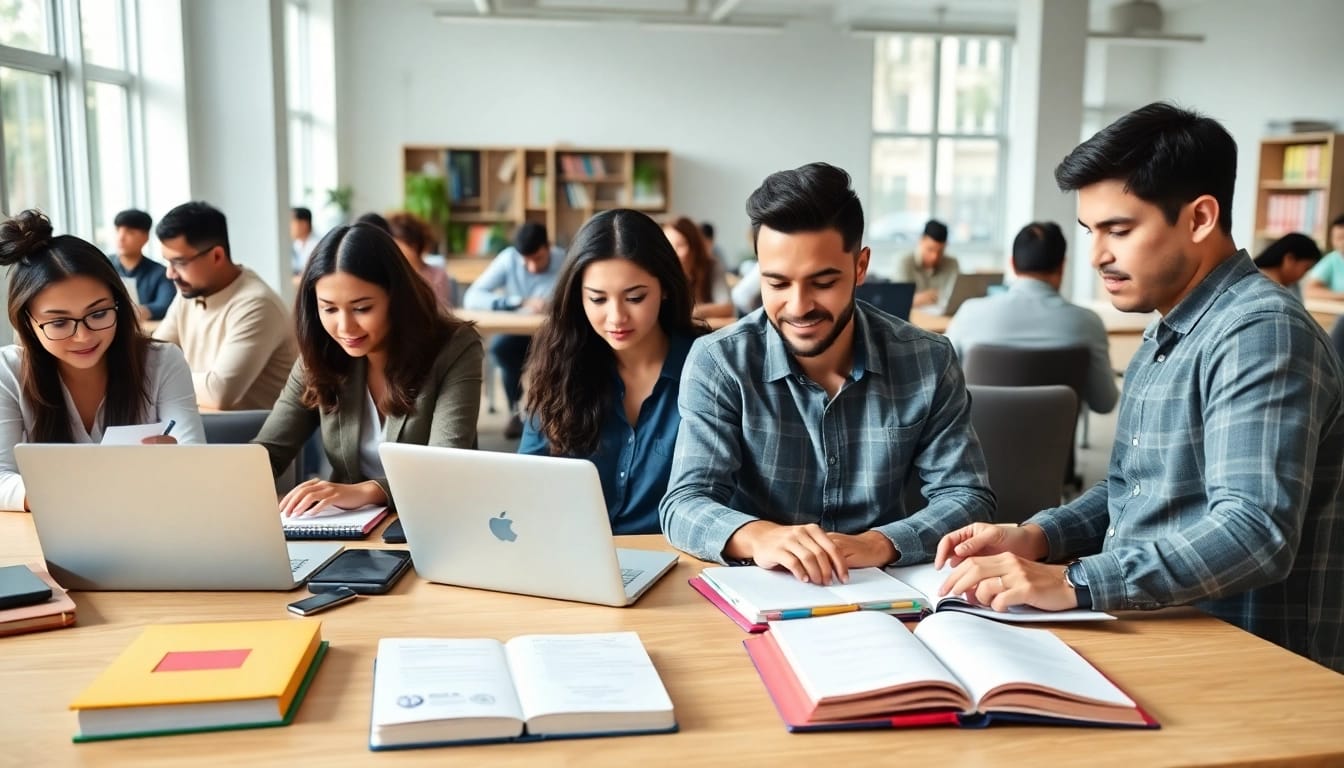 PMP exam support study session with diverse students in a bright collaborative environment.