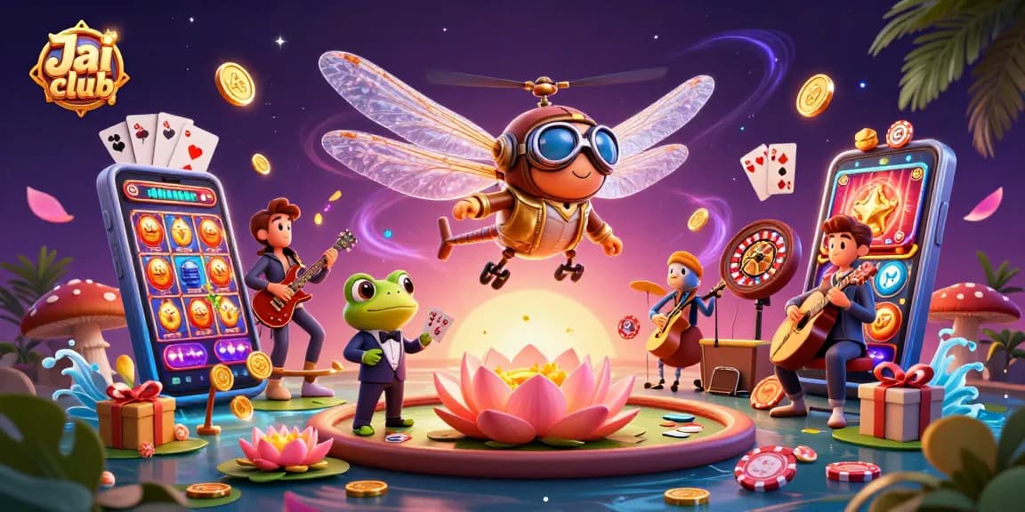 Experience the excitement at Jai club with a vibrant 3D casino scene featuring dragonfly pilots and card games.