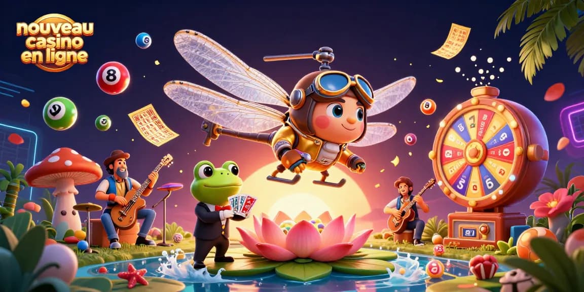 Découvrez un nouveau casino en ligne avec un dragonfly pilote et un croupier grenouille dans un cadre vibrant.