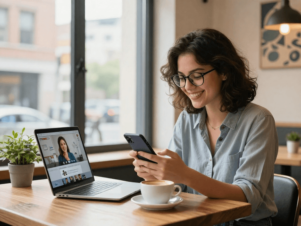 Crush on modern dating app profiles in a vibrant cafe.