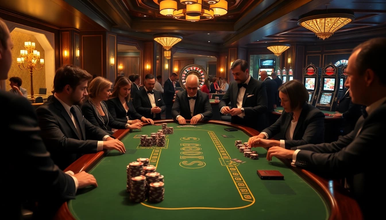 Moments de poker à enjeux élevés dans un casino en ligne Français luxueux avec des jetons et des cartes.