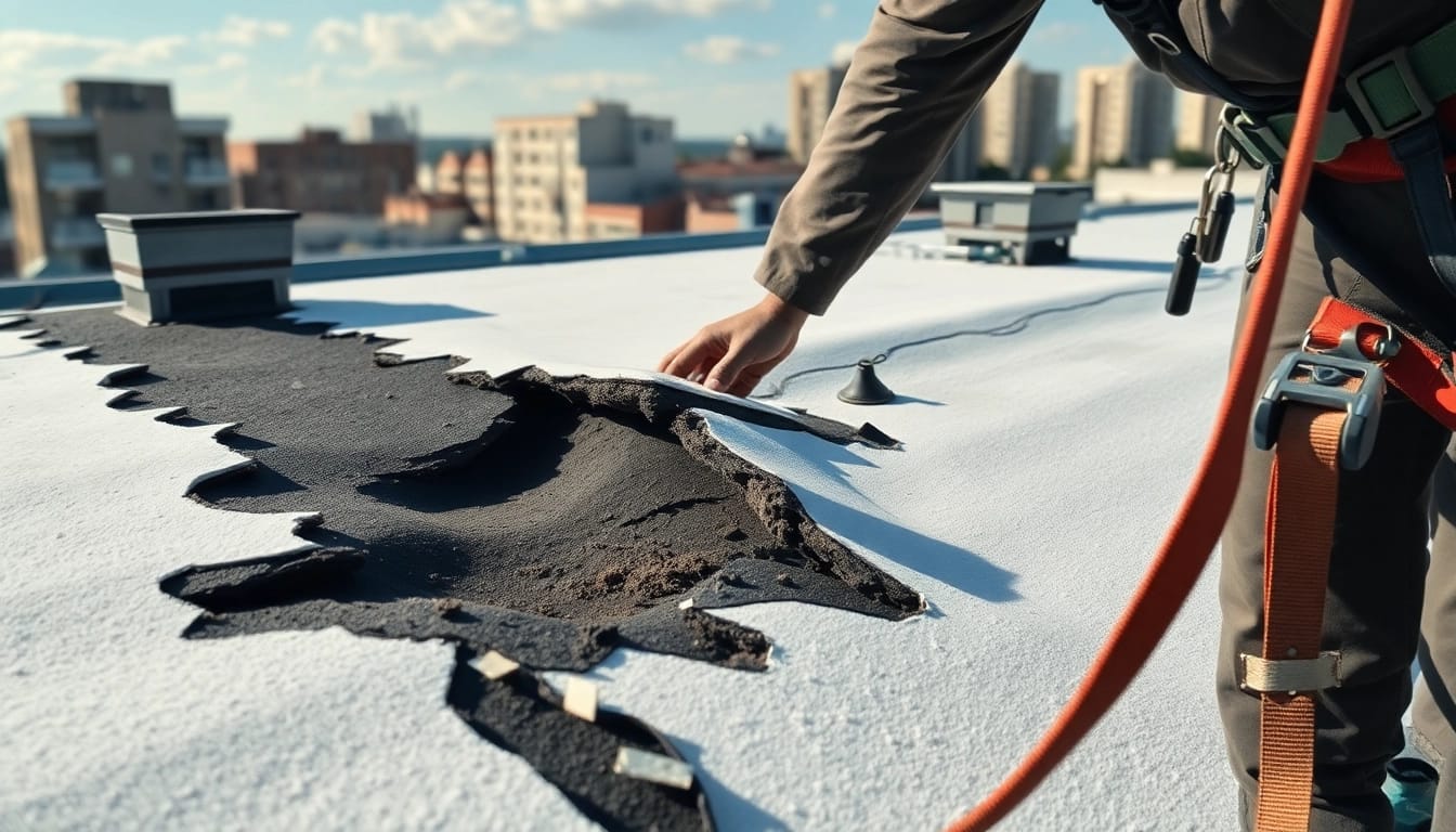 Inspecting spray foam roof problems with visible cracks and damage on a city rooftop.