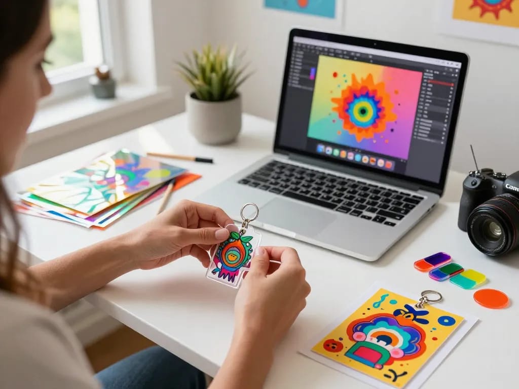 Artist customizing acrylic keychain custom with vibrant designs and tools in a creative workspace.