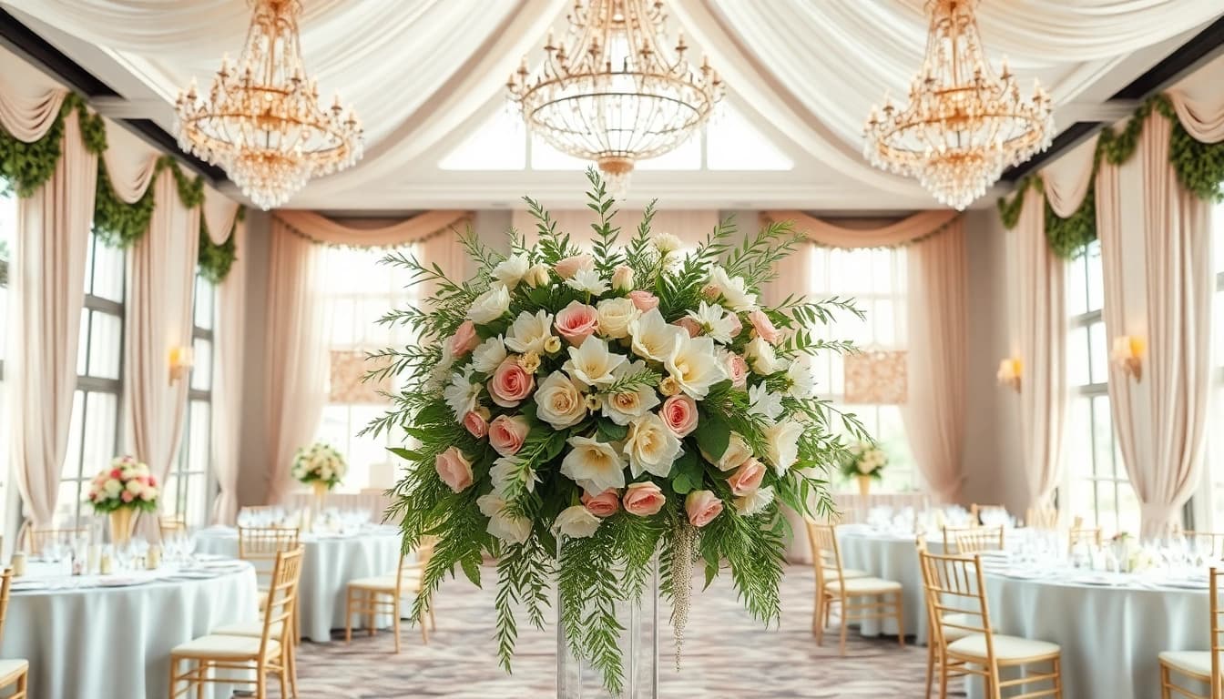Beautifully arranged Weddings Venue with floral decor and elegant tables set for dining.