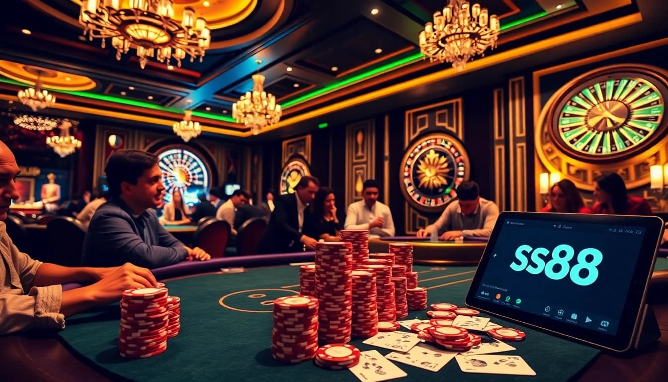 S88 nhà cái players engaging at a luxurious poker table in a vibrant casino setting.