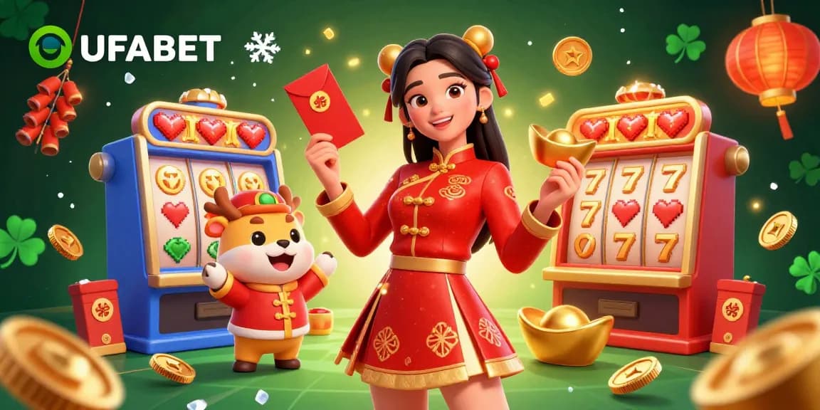Experience thrilling slot adventures with UFABET's vibrant illustration featuring festive elements.