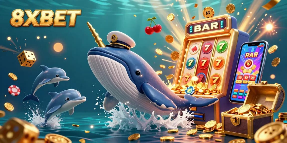 Engage with thrilling 8XBET gaming experiences featuring dynamic casino elements and playful sea creatures.