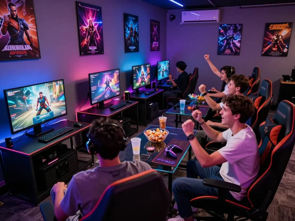 Engaging atmosphere in gaming lounge featuring diverse players enjoying porno games.