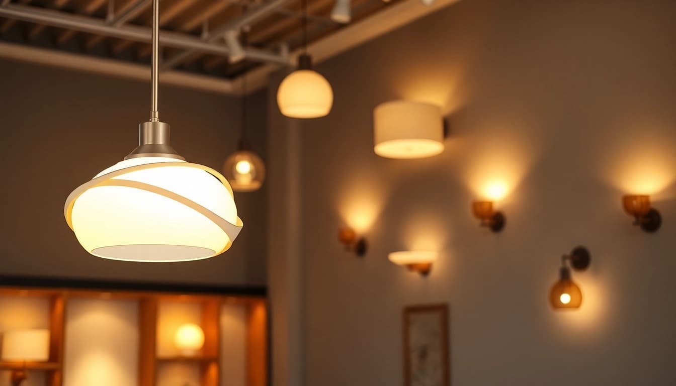 Showcasing diverse lighting solutions with modern fixtures in an artistic interior setting.