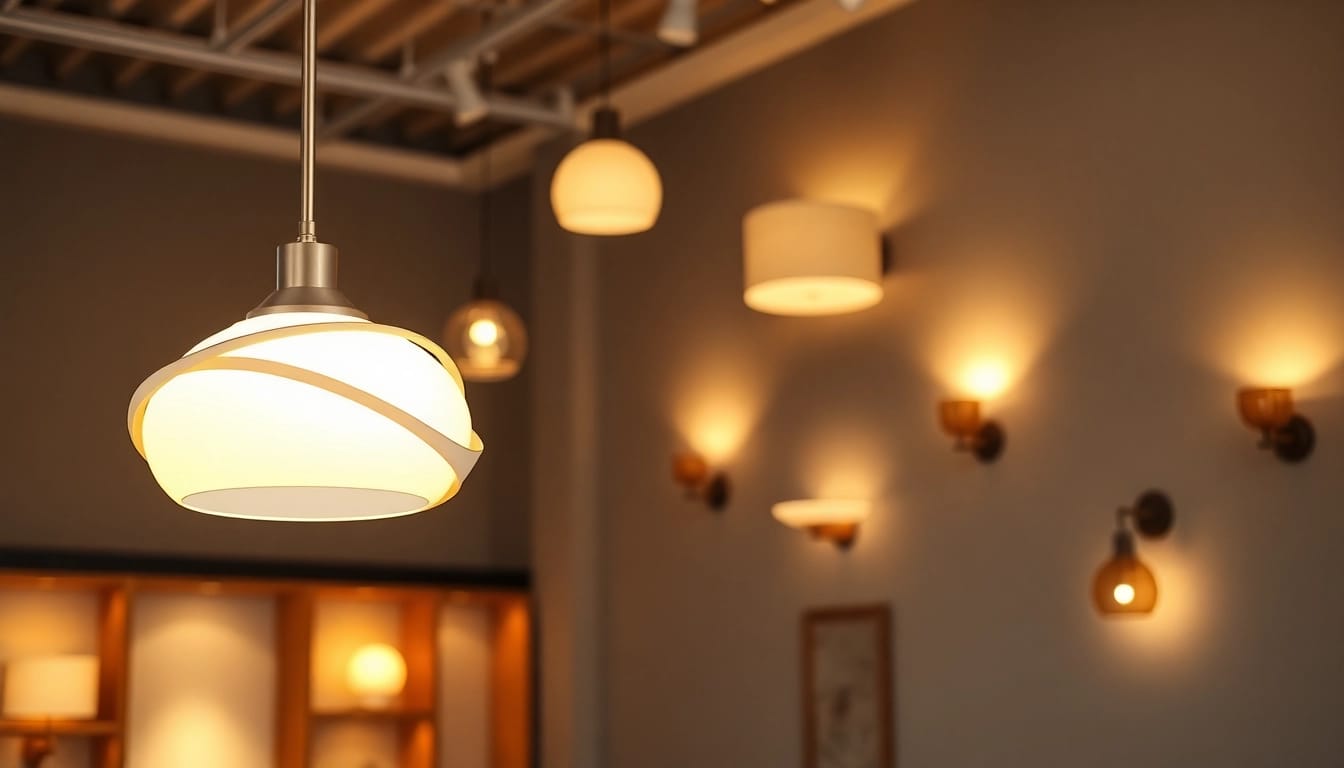 Showcasing diverse lighting solutions with modern fixtures in an artistic interior setting.