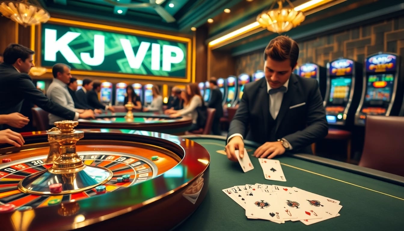 Players engaging in a thrilling casino experience at KJC VIP, surrounded by roulette tables, cards, and vibrant betting chips.