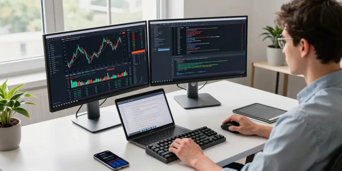 开发者使用台股WebSocket推送接口进行实时市场数据分析,现代办公室环境中专注工作,展示技术与交易策略的结合。