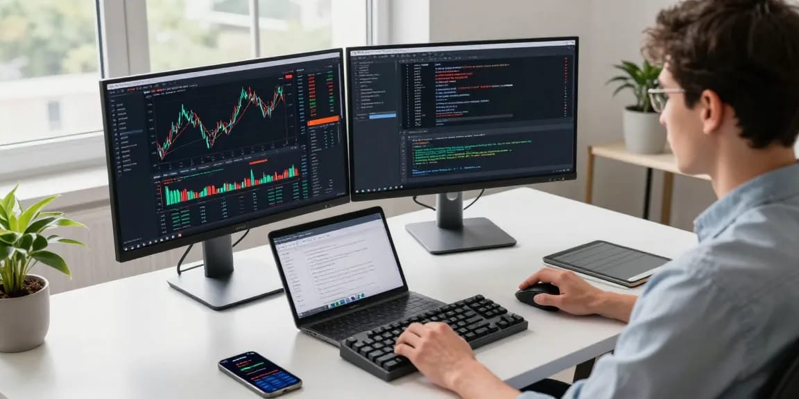 开发者使用台股WebSocket推送接口进行实时市场数据分析,现代办公室环境中专注工作,展示技术与交易策略的结合。