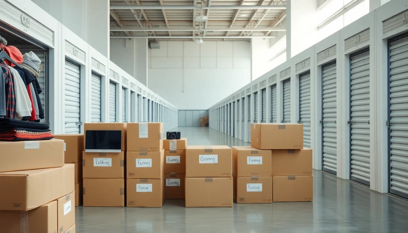 Organized self storage units with labeled boxes for efficient storage solutions.
