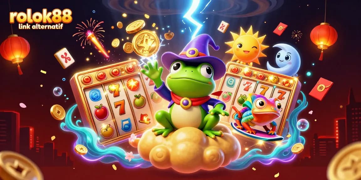 Experience the thrill of rokok88 link alternatif with a vibrant 3D casino fantasy scene filled with golden coins and slot reels.