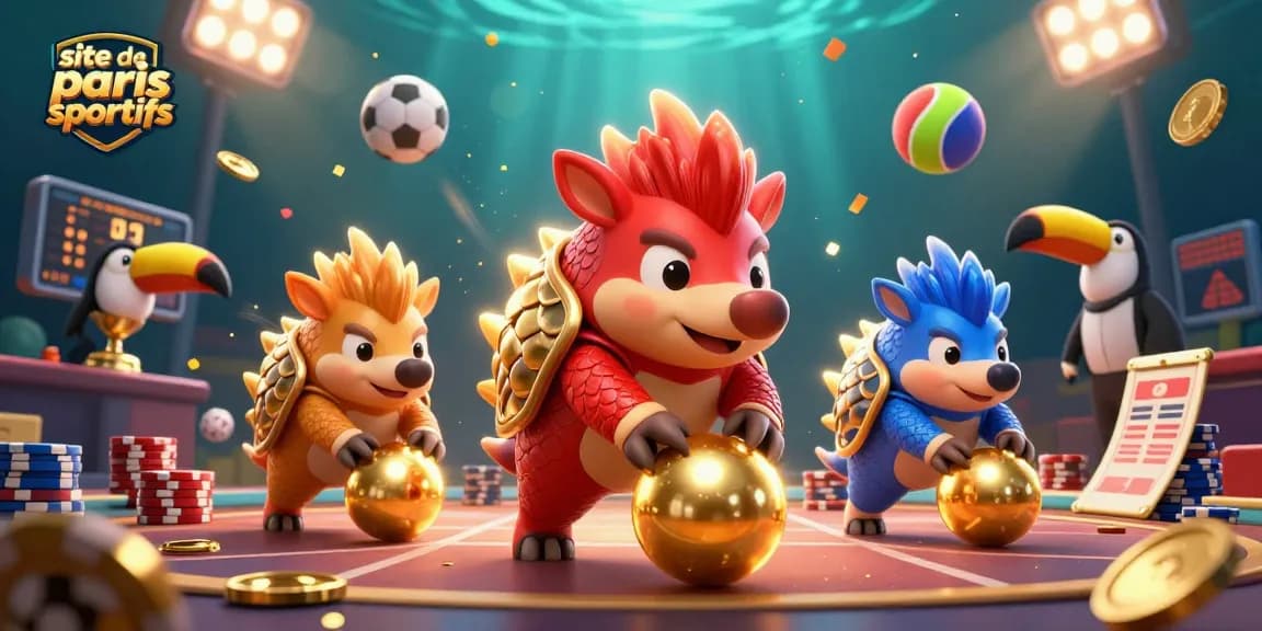 Les pangolins rivaux s'affrontent sur un site de paris sportifs rempli de pièces d'or et de ballons dynamiques.