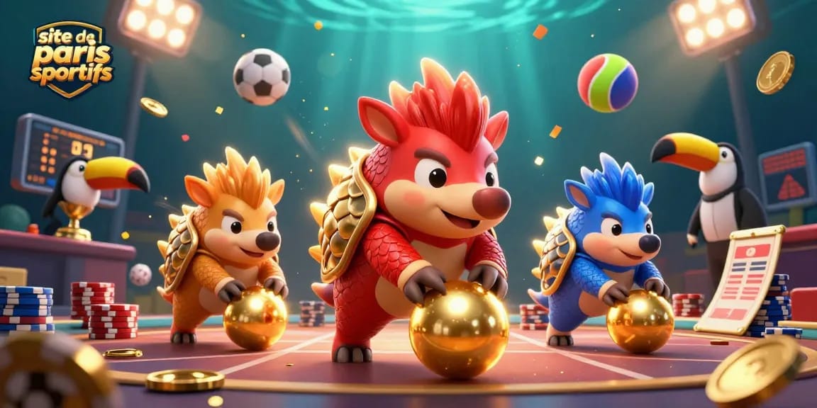 Les pangolins rivaux s'affrontent sur un site de paris sportifs rempli de pièces d'or et de ballons dynamiques.