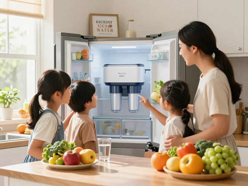 Happy family in a bright kitchen discussing the benefits of Waterdrop MSWF Refrigerator Water Filter while preparing healthy meals.