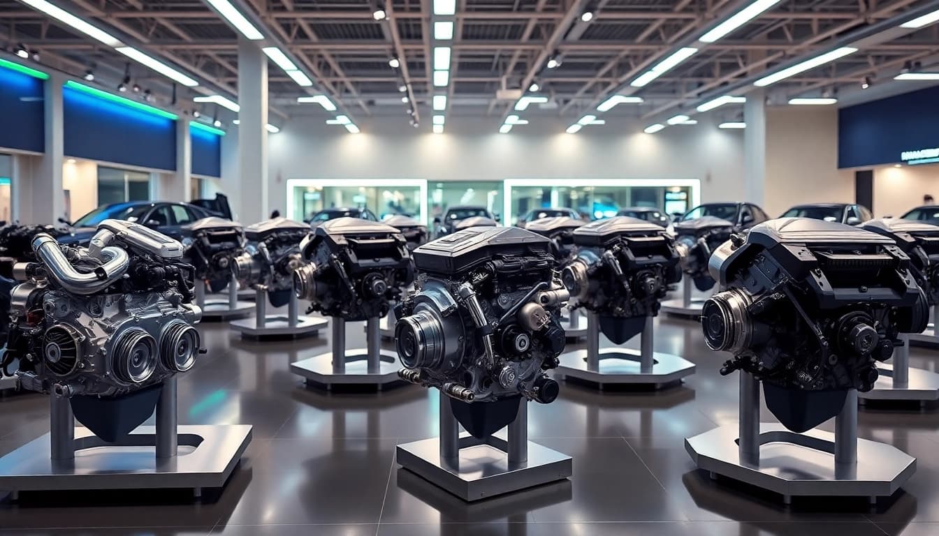 Showcase of used engines at a car dealership, illuminated to highlight features.