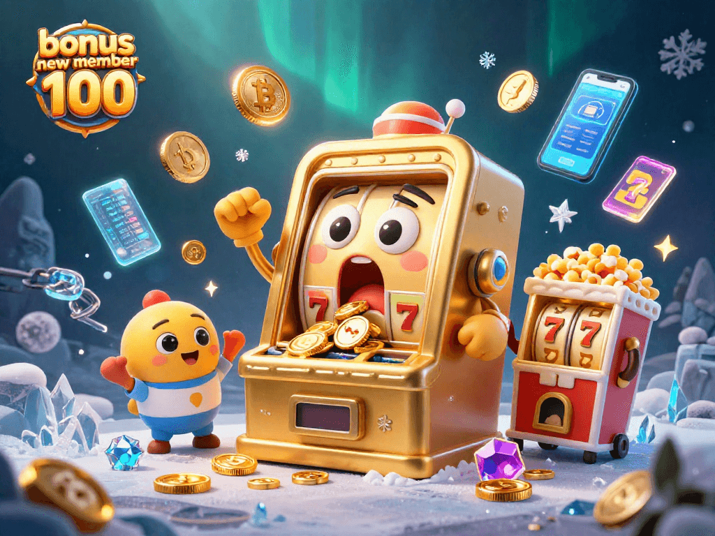 Spin jackpots on the golden slot machine with bonus new member 100 stunning illustration packed with excitement.
